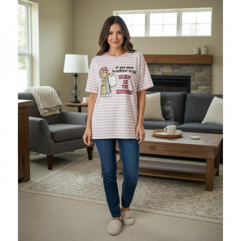 Women's Live Wire Short Sleeve Tee L Pink & White Striped Graphic
